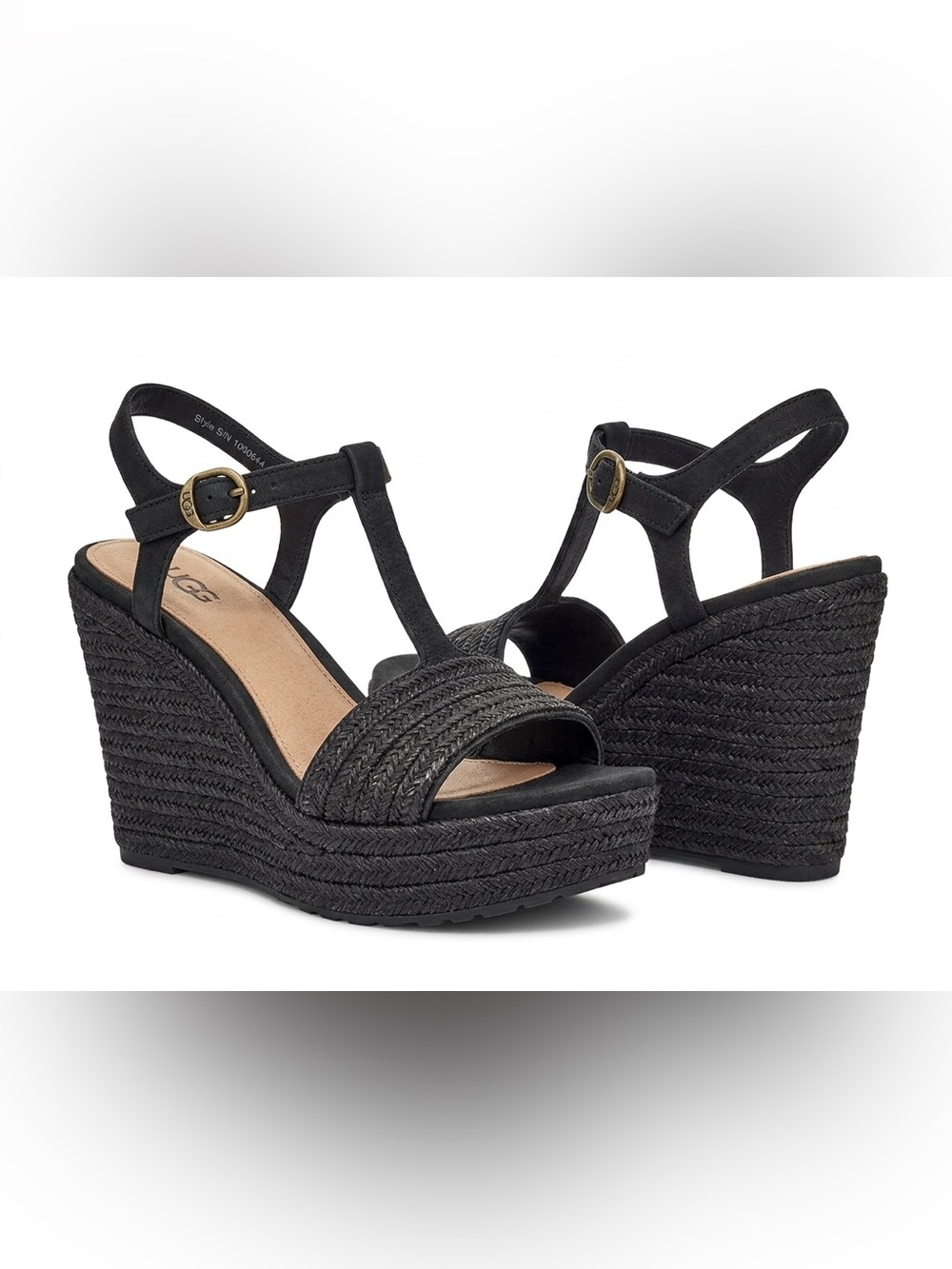 UGG Black Woven Jute Espadrille Platform Wedge Sandals Ankle Strap 7.5